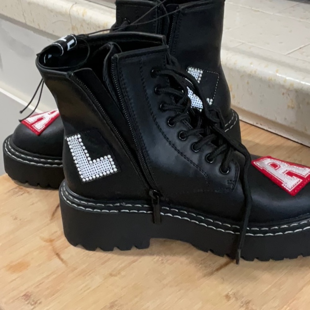 Karl Lagerfeld Black Combat Boots with Red Accents - Picture 6 of 11